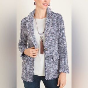 Chicos tweed fringe jacket in blue and lilac purple
